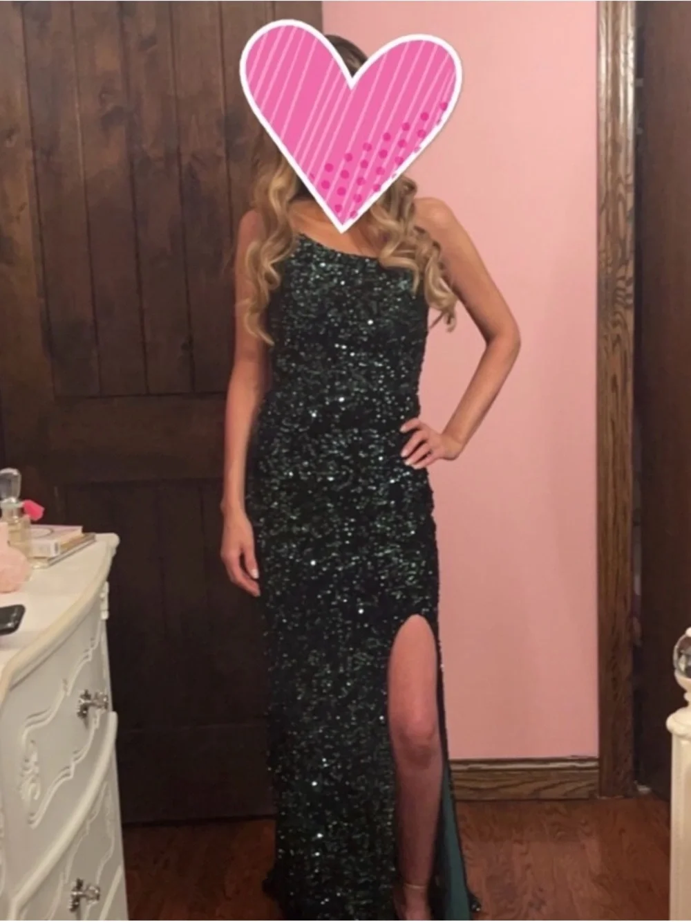 Portia and Scarlett One-Shoulder Sequin Gown in Emerald with slit - Picture 2 of 2
